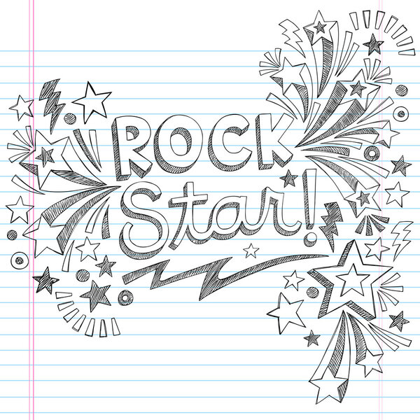 Rock Star Music Back to School Sketchy Notebook Doodles with Music Notes and Swirls- Hand-Drawn Vector Illustration Design Elements on Lined Sketchbook Paper Background