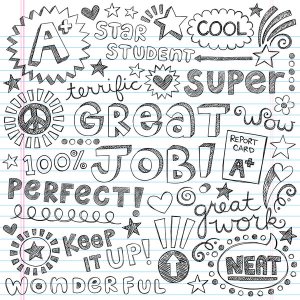 Great Job Super Student Praise Phrases Back to School Sketchy Notebook Doodles- Hand-Drawn Illustration Design Elements on Lined Sketchbook paper background
