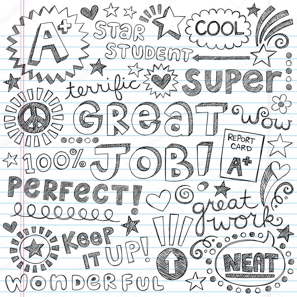 Great Job Super Student Praise Phrases Back to School Sketchy Notebook Doodles- Hand-Drawn Illustration Design Elements on Lined Sketchbook Paper Background