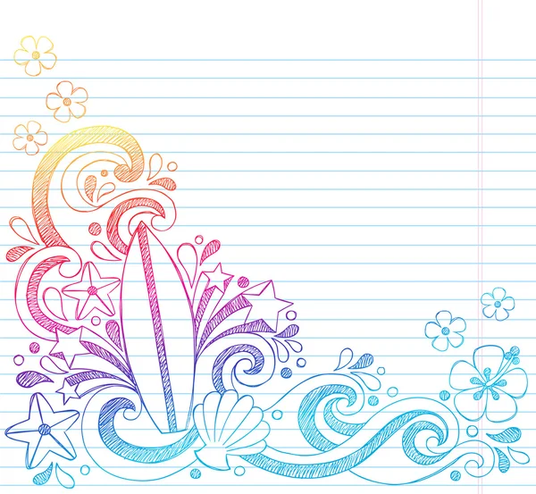 Planche de surf Tropical Beach Vacances d'été Sketchy Notebook Doodles- Illustration dessinée à la main sur fond de papier carnet de croquis doublé — Image vectorielle