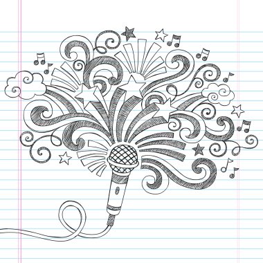 mikrofon müzik geri-e doğru okul yarım yamalak defter çizgili kağıt arka plan üzerinde vektör çizim doodles