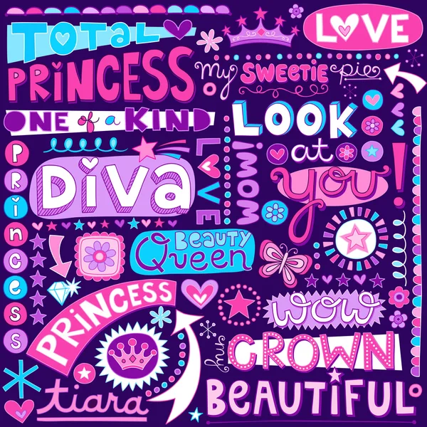 Princesa cuento de hadas Diva Word Doodles Letras Vector Ilustración — Vector de stock