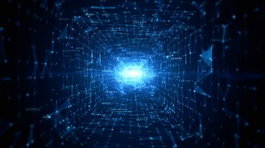 Tünel Bilim- Kurgu Dijital Siber Ağı, Dijital Veri Ağı ve Blockchain Bağlantıları. Teknoloji Dijital Veri Arkaplanı Konsepti. 3d oluşturma