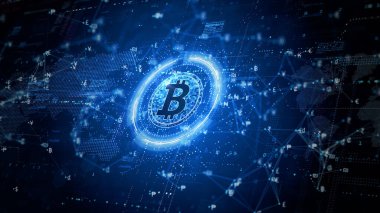Bitcoin engelleme zinciri şifreleme dijital şifreleme, dijital para değişimi, Teknoloji küresel ağ bağlantıları soyut arka plan konsepti. 3d oluşturma