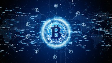 Bitcoin engelleme zinciri şifreleme dijital şifreleme, dijital para değişimi, Teknoloji küresel ağ bağlantıları soyut arka plan konsepti. 3d oluşturma