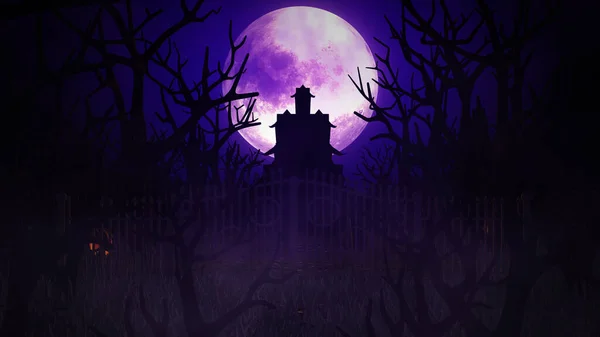 Halloween Achtergrond Met Spookhuis Vleermuizen Pompoenen Graven Mistige Nacht Griezelig — Stockfoto