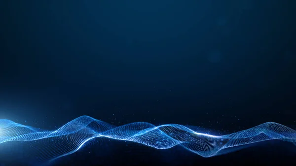 Blaue Teilchen Wellenfluss Mit Beleuchtung Digitalen Abstrakten Hintergrund Darstellung — Stockfoto