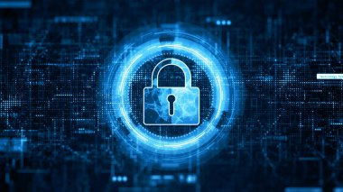 Asma kilit Simgesi Siber Güvenlik, Dijital Veri Ağı Koruma, Gelecekteki Teknoloji Dijital Veri Küresel Ağ Bağlantısı Arkaplan Kavramı. 3d oluşturma