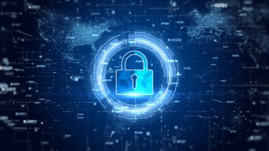 HUD Asma Kilit Simgesi Siber Güvenlik, Dijital Veri Ağı Koruma, Gelecekteki Teknoloji Dijital Veri Ağı Bağlantı Arkaplanı Konsepti. 3d oluşturma