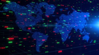 Dünya haritası ve hisse senedi endeksli dijital veri finans yatırımı, hisse senedi piyasa fiyat değişiklikleri, iş ve finans arkaplan 33D sunumlu mali iş diyagramı