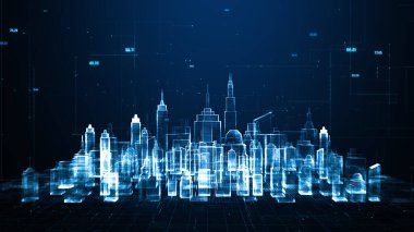 Yapay zeka kullanan akıllı bir şehir. Fütürist teknoloji interneti ve büyük veri 5G bağlantısı. Siber güvenlik dijital veri arkaplanı 3d oluşturma