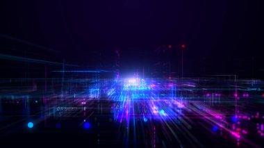 Satır Neon Işıklı Dijital Siber Uzay, Ağ Bağlantıları, Teknoloji Dijital Soyut Arkaplan 3d