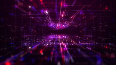 Satır Neon Işığı, Ağ Bağlantıları, Teknoloji Dijital Soyut Arkaplan 3D işlemeli Dijital Siber Uzay Tüneli