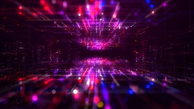Satır Neon Işığı, Ağ Bağlantıları, Teknoloji Dijital Soyut Arkaplan 3D işlemeli Dijital Siber Uzay Tüneli