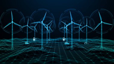 Hologram rüzgar türbini yeşil enerji kavramı, yeşil ekolojik dünya için yenilenebilir enerji üretimi, Rüzgar tarım teknolojisi soyut arka plan 3D