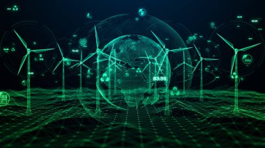 Hologram rüzgar türbini yeşil enerji kavramı, yeşil ekolojik dünya için yenilenebilir enerji üretimi, Rüzgar tarım teknolojisi soyut arka plan 3D