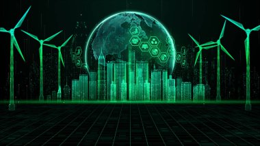 Hologram rüzgar türbini yeşil enerji kavramı, yeşil ekolojik dünya için yenilenebilir enerji üretimi, Rüzgar tarım teknolojisi soyut arka plan 3D