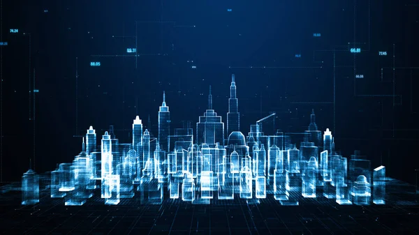 Yapay zeka kullanan akıllı bir şehir. Fütürist teknoloji interneti ve büyük veri 5G bağlantısı. Siber güvenlik dijital veri arkaplanı 3d oluşturma