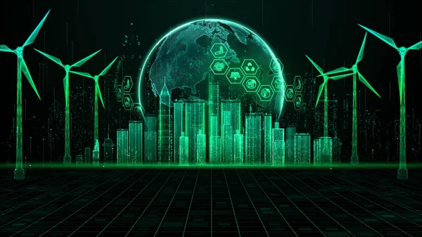 Hologram rüzgar türbini yeşil enerji kavramı, yeşil ekolojik dünya için yenilenebilir enerji üretimi, Rüzgar tarım teknolojisi soyut arka plan 3D