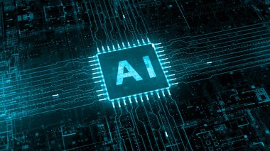 Devre panosundaki yapay zeka yapay zekası. Future Technology Concept Visualization. Büyük Veri Aktarım Bağlantısı. Teknoloji Dijital Veri Ağı Soyut Arkaplan. 3d oluşturma