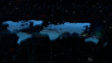 Mavi Dünya Haritası, Dijital Siber Uzay ve Dijital Veri Ağı Bağlantıları. Dünya çapında Büyük Veri Bağlantısı ve Veri Analizi, Teknoloji Soyut Arkaplan Kavramı. 3d oluşturma