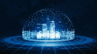 Teknoloji ağı internet ve sosyal medya bağlantısı olan akıllı şehir, yüksek hızlı teknoloji internet bağlantısı, dünya çapında dijital veri bağlantısı soyut arka plan. 3d oluşturma