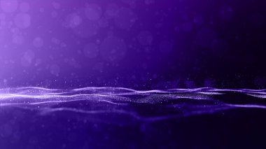 Soyut mor renkli dijital parçacıklar Bokeh ve ışıklandırma ile dalga akışı, Premium çevre arkaplan 3d