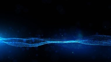 Soyut mavi renk dijital parçacıklar Bokeh ve ışıklandırma ile dalga akışı, Premium çevre arkaplan 3d