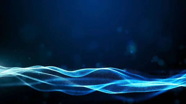 Digitale Teilchen Blauen Farbwellenfluss Und Lichter Mit Bokeh Technologie Cyberspace — Stockfoto