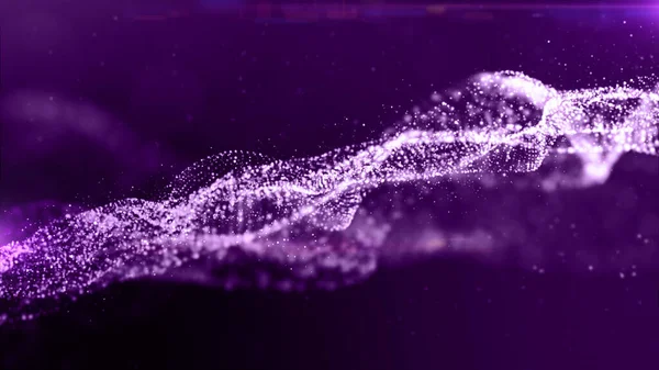 Digital Purple Particles Onda Fluyendo Girando Con Iluminación Fondo Abstracto —  Fotos de Stock