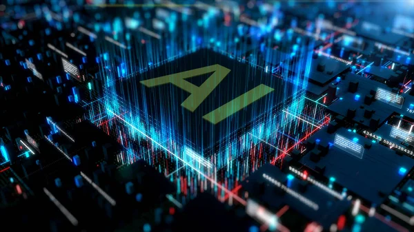 Devre panosundaki yapay zeka yapay zekası. Future Technology Concept Visualization. Büyük Veri Aktarım Bağlantısı. Teknoloji Dijital Veri Ağı Soyut Arkaplan. 3d oluşturma
