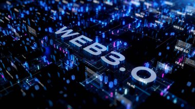 WEB 3.0 fütüristik elektronik tahta arka planı, ademi merkeziyetçi sosyal ağ bağlantı konsepti teknolojisi, soyut arkaplan oluşturma 3d