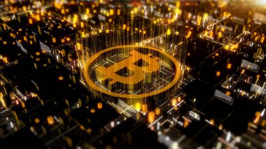 Devre kartında altın bitcoin, Bitcoin şifreleme dijital para değişimi konsepti. Engelleme teknolojisi dijital soyut arkaplan. 3B görüntüleme