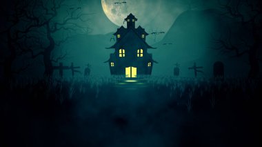 Korkunç gece, ay, parlayan yıldızlar, ağaçlı uçan yarasalar, otlar, mezarlar, lanetli şato, cadılar bayramı soyut arkaplan