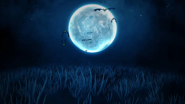 Flying Bats Halloween Background Night Big Moon Grasses Blew Wind — Foto de Stock