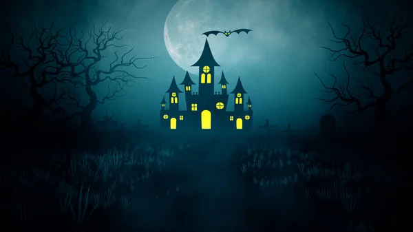 Halloween Pozadí Konceptem Děsivé Noci Měsíc Zářící Hvězdy Létající Netopýři — Stock fotografie