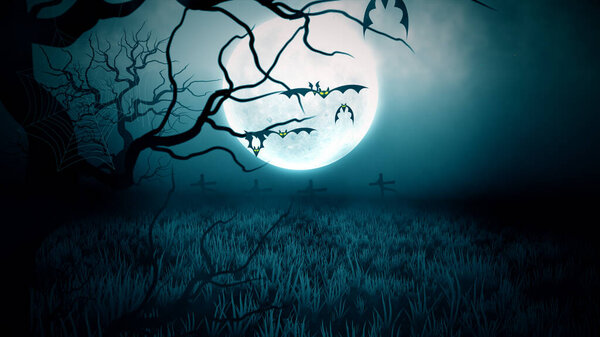 Flying bats halloween background, Night with the moon and shining stars, bats, trees, grasses and graves, Design elements decoration halloween purple background 3d rendering