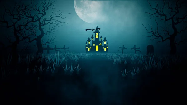 Halloween Background Concept Scary Night Moon Shining Stars Flying Bats — Φωτογραφία Αρχείου