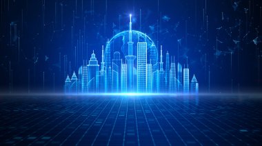 Smart City of Cyberspace and Metaverse, Technology Digital Network Connection, Social Network Connection, Blue Soyut Arkaplan Kavramı. 3d Hazırlama