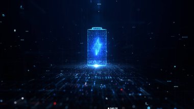 Yeşil yenilenebilir enerjili arabalar ve mobil cihazlar için yüksek enerji pili, teknolojik dijital soyut arkaplan 3D