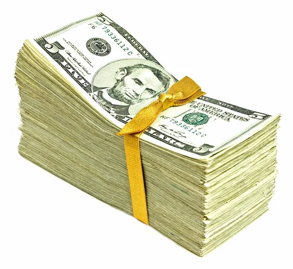 Stack of New United States Currency Tied in a Ribbon - Fives — Stock Photo, Image