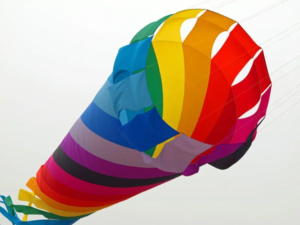 Rainbow färgad tub drakflygning på en mulen dag på stranden — Stockfoto