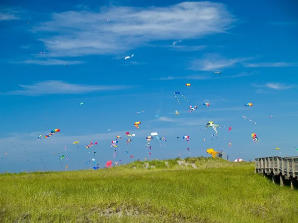 Vários papagaios coloridos voando em um céu azul brilhante no Long Beach Kite Festival — Fotografia de Stock