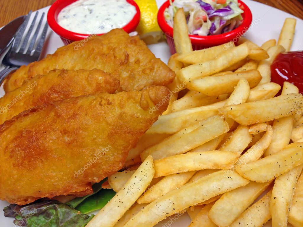 Plate of Battered Fried Fish Fillets with French Fries — Stock Photo
