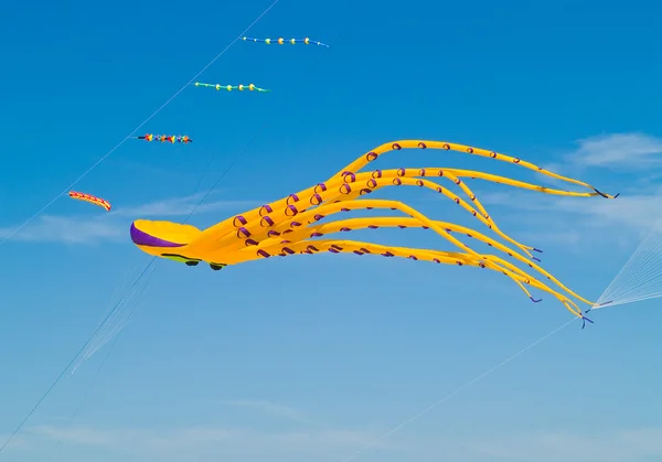 Octopus Kite variopinto che vola in un cielo blu luminoso al festival dell'aquilone della spiaggia lunga — Foto Stock