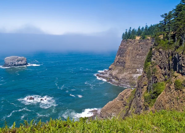 Členité skalnaté pobřeží na oregonském pobřeží je výhled z meares mysu maják — Stock fotografie