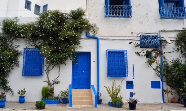 huis met blauwe ramen en deuren. Tunesië, sidi bou zei.