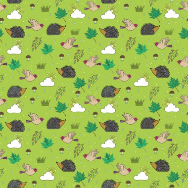 vektör yeşil seamless modeli ile kirpi, mantar, kuşlar ve yaprakları