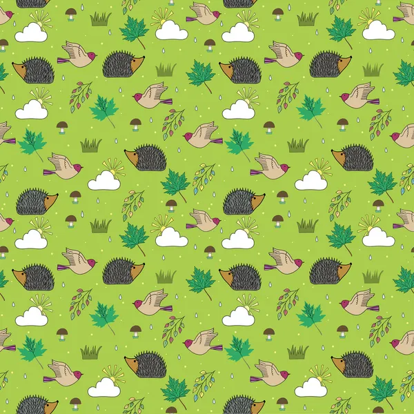 vektör yeşil seamless modeli ile kirpi, mantar, kuşlar ve yaprakları