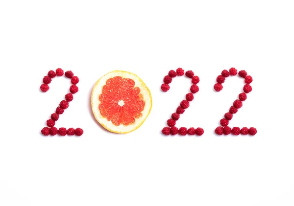 2022年新年，由白色背景的水果和浆果制成. — 图库照片#